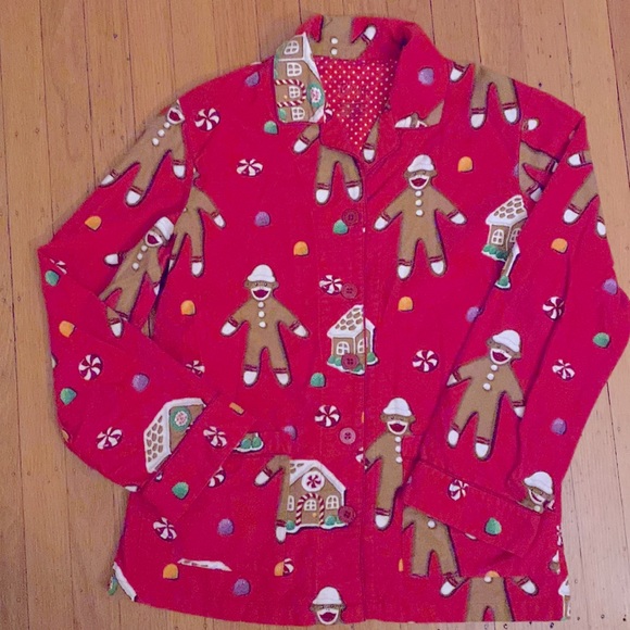 NICK&NORA FLANNEL PJ SET, sock monkey Christmas gingerbread house Size Small EUC - Picture 2 of 8